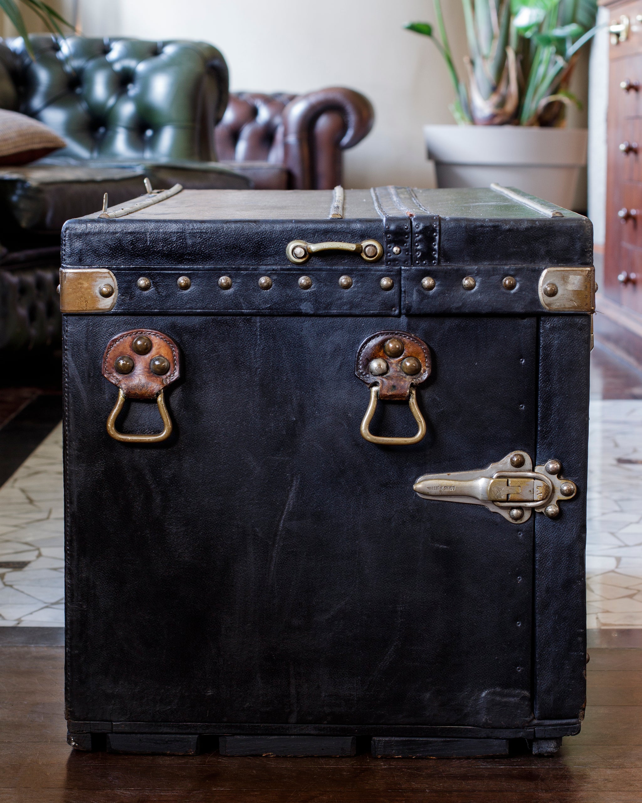 Antique Louis Vuitton Auto Car Trunk Steamer Suitcase Black Canvas