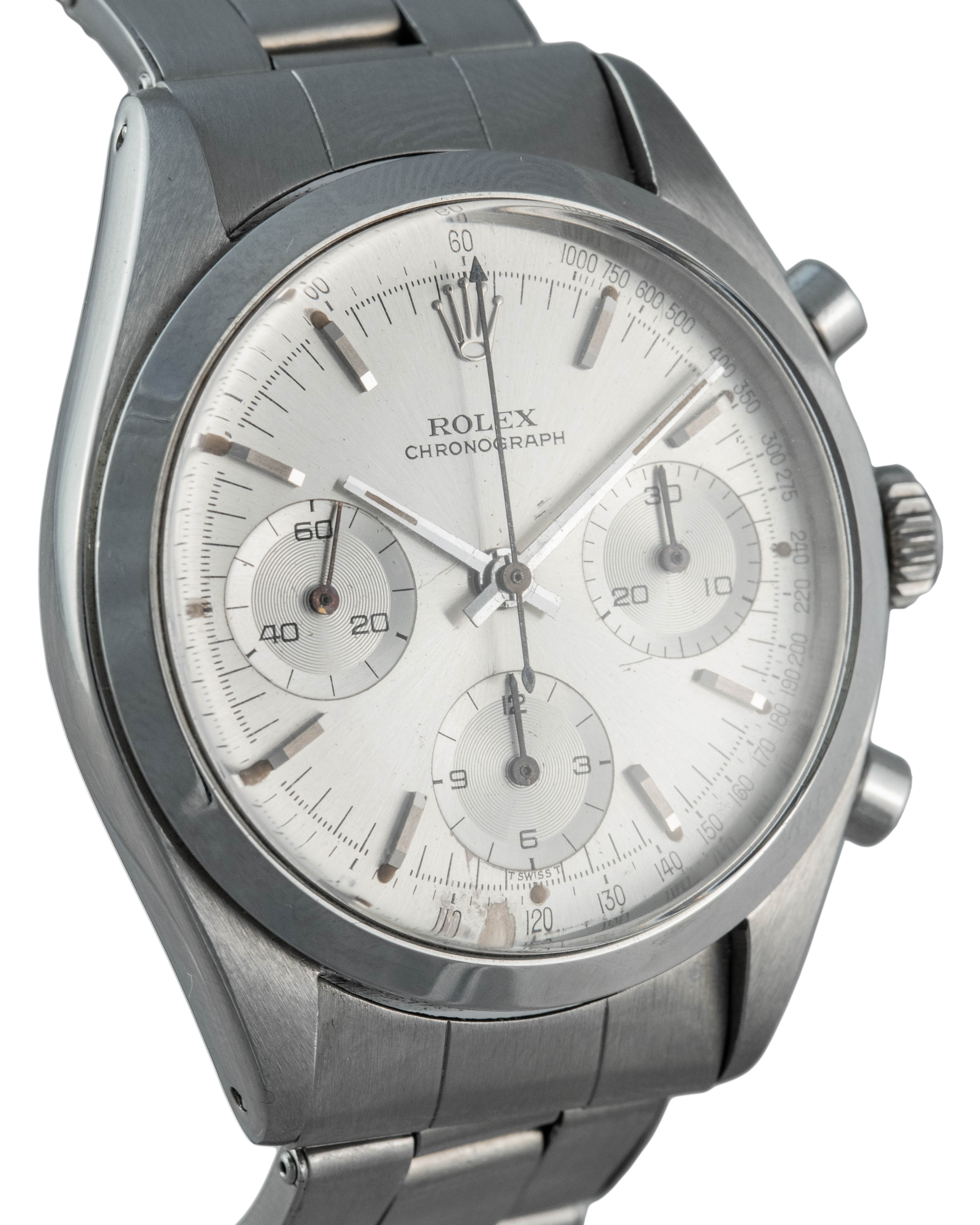 Rolex Ref. 6238 Pre-Daytona in stainless steel, trtium baton hands and dot indexes side view