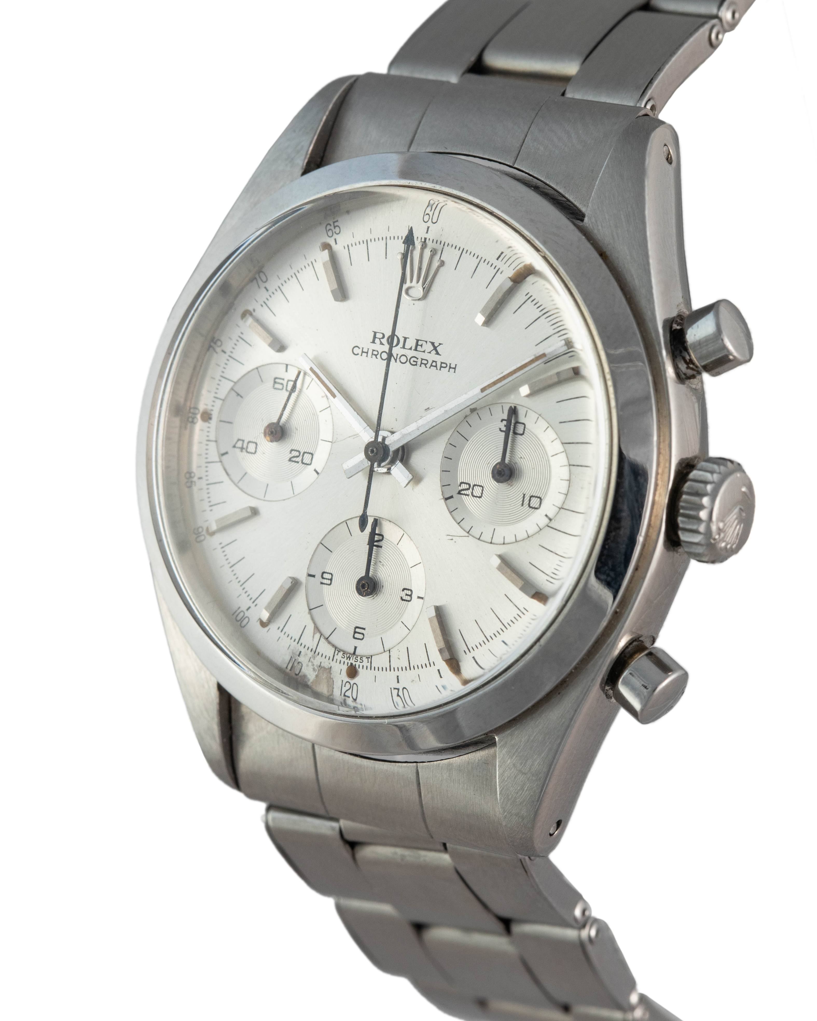 Rolex Ref. 6238 Pre-Daytona in stainless steel, trtium baton hands and dot indexes side view